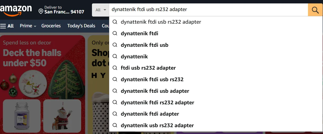 Amazon の検索結果画面（検索語: dynattenik FTDI USB RS-232C アダプター）